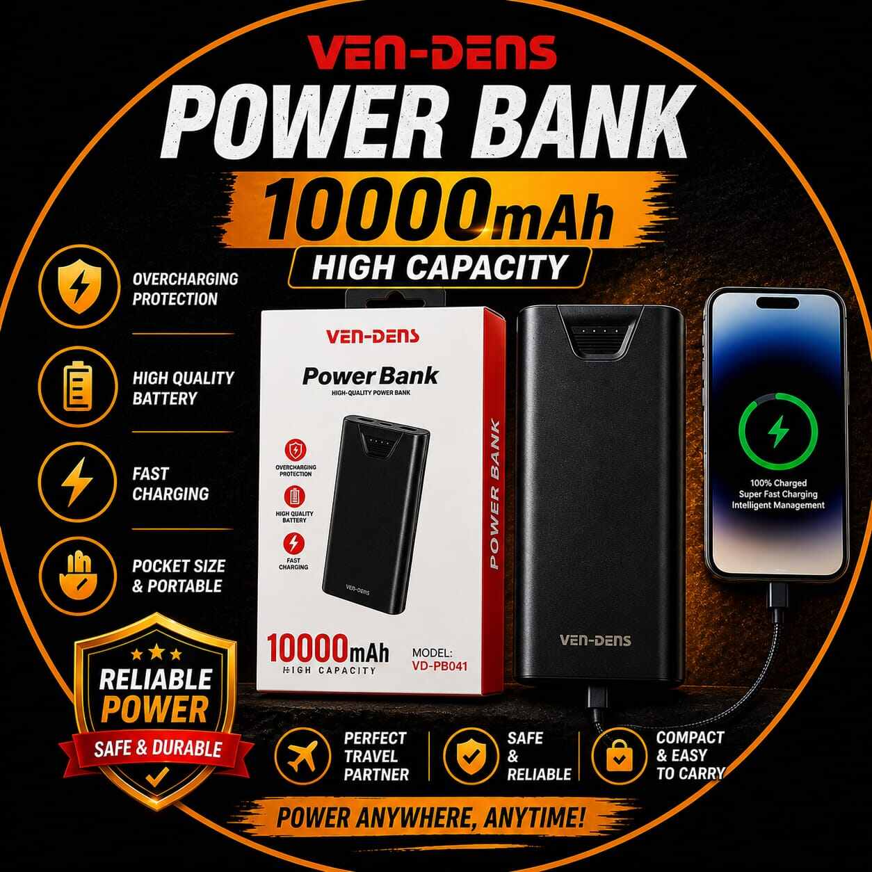 VEN-DENS 10000mAh Power Bank VD-PB041 Fast Charging Portable Charger | Dual USB Output | LED Indicator | Smart Protection | Slim & Lightweight Powerbank for Android, iPhone & All Devices