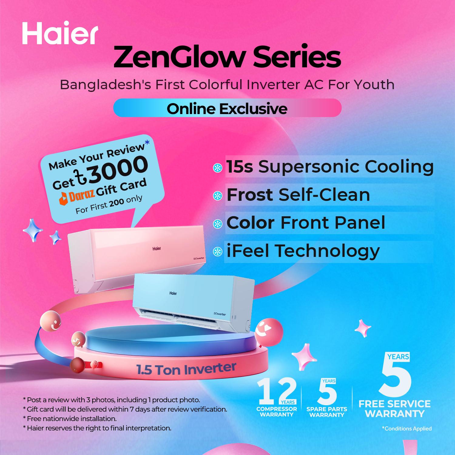 Haier 1.5 Ton ZenGlow Inverter AC | Free Delivery & Installation | 12 Years Compressor Warranty | Energy Saving | Fast Cooling | Colorful AC | ZenGlow-18INVPX6B / ZenGlow-18INVPX6P