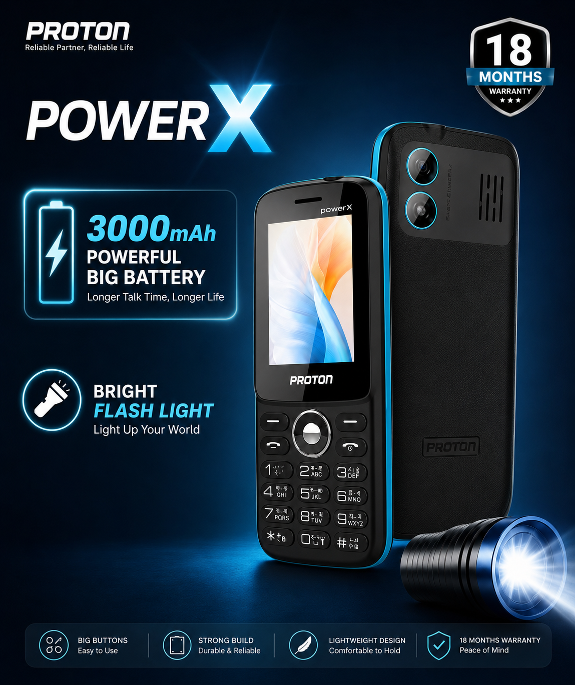 Proton RE-PowerX Feature Phone with 3000mAh Monster Battery, Big Torch, Dual SIM & Long Battery Backup – Free Delivery (Any Color)