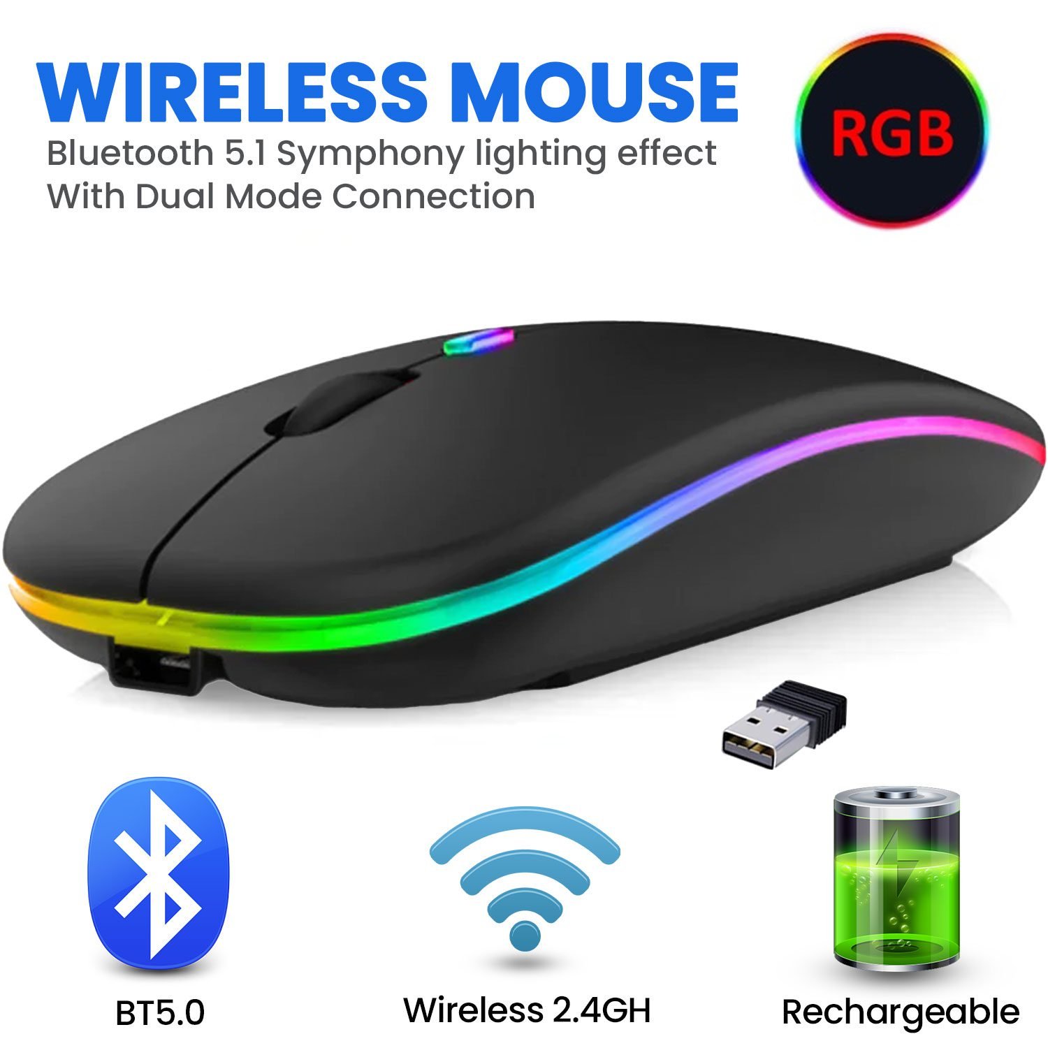 HP W10 Rechargeable Wireless Bluetooth Mouse - Silent Click, RGB Light, Slim Design, Dual Mode (2.4G + Bluetooth) - For Laptop, PC & Mac