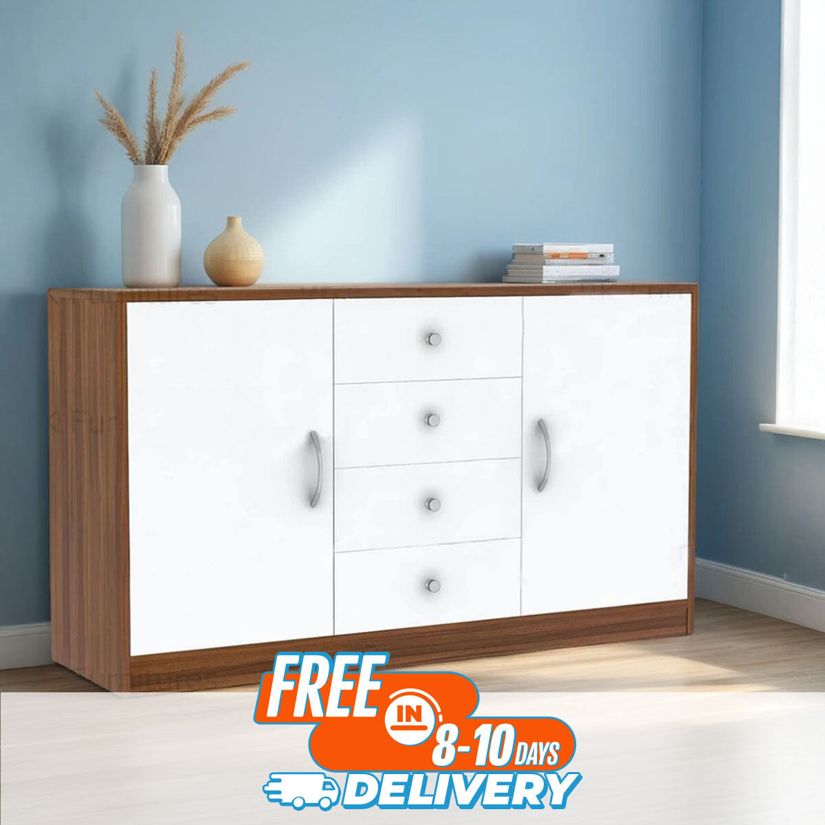 RK Modern and Trendy Engineered Wood Cabinet and Sideboard with Frosty White Drawers - Furniture & Decor