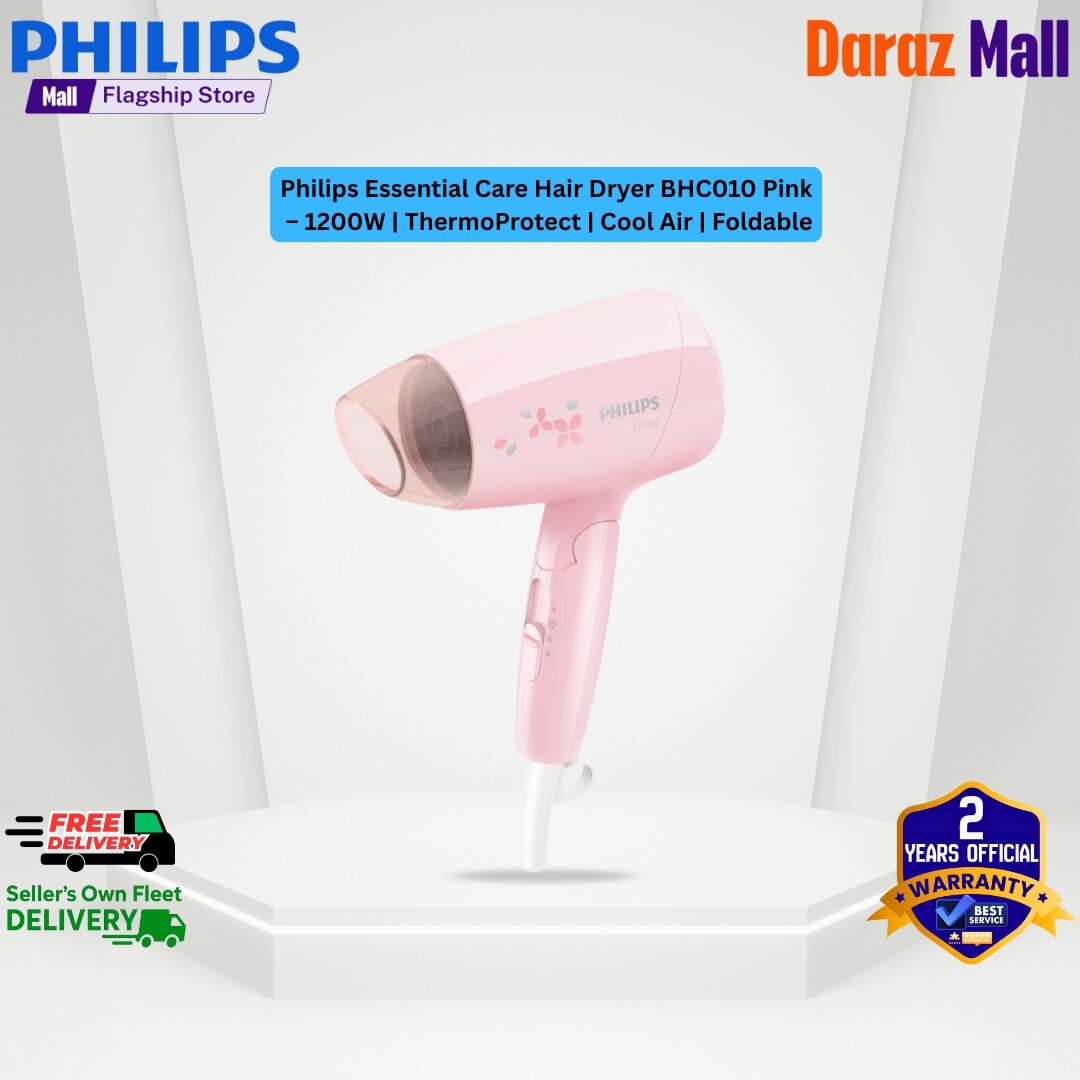 Philips Essential Care Hair Dryer BHC010 Pink – 1200W | ThermoProtect | Cool Air | Foldable