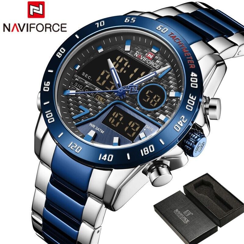 NAVIFORCE NF 9171 Silver And Royal Blue Two-tone Stainless Steel Dual Wrist Watch For Men - Royal Blue & Silver