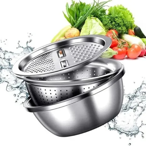 3-in-1 Stainless Steel Grating Basin with Vegetable Cutter & Drain Basket – Multifunctional Kitchen Tool (CN/1SET)