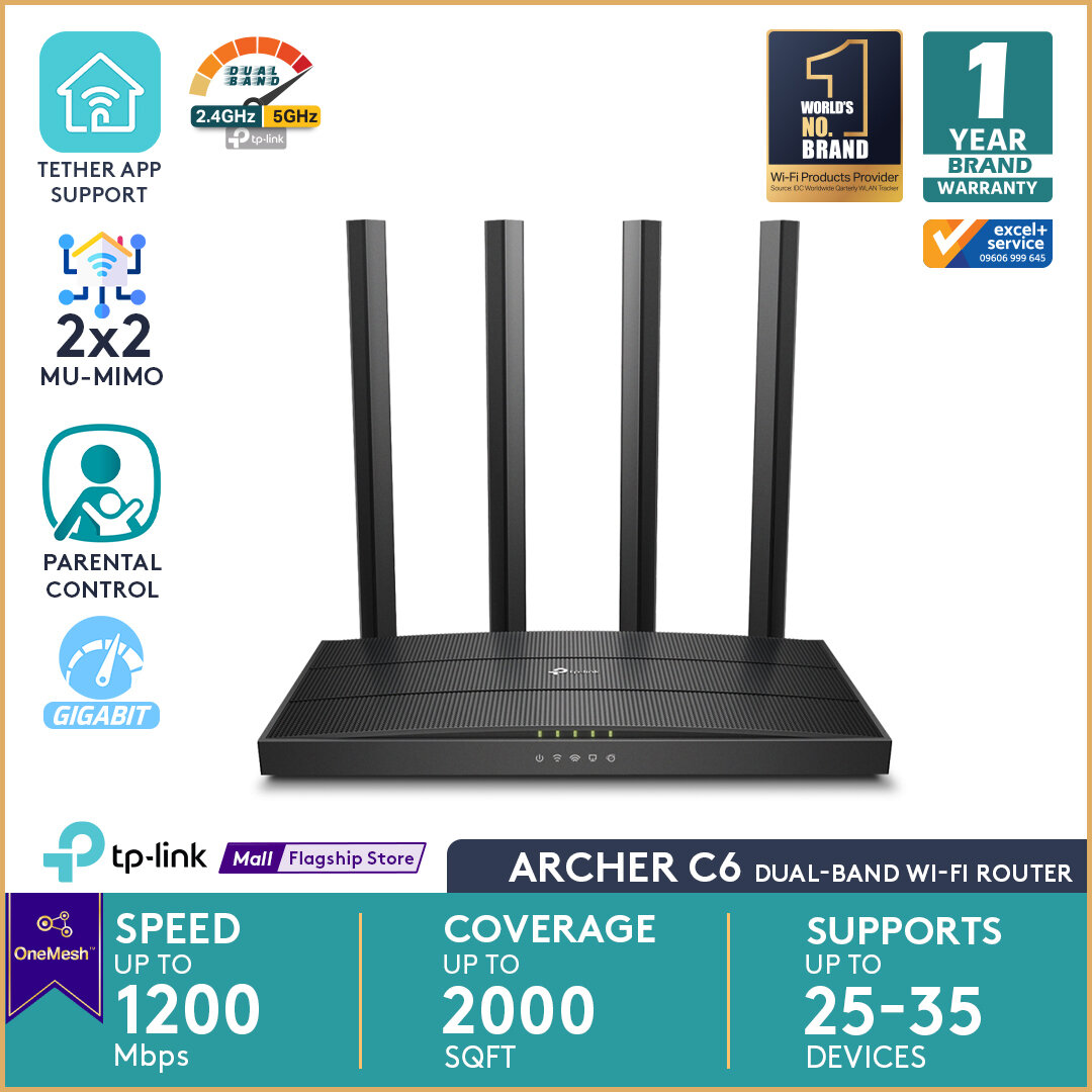 TP-Link Archer C6 - AC1200 Dual WiFi Router 5 Gigabit Ports, 4 External Antennas, MU-MIMO, Dual Band, WiFi Coverage with Access Point Mode EasyMesh