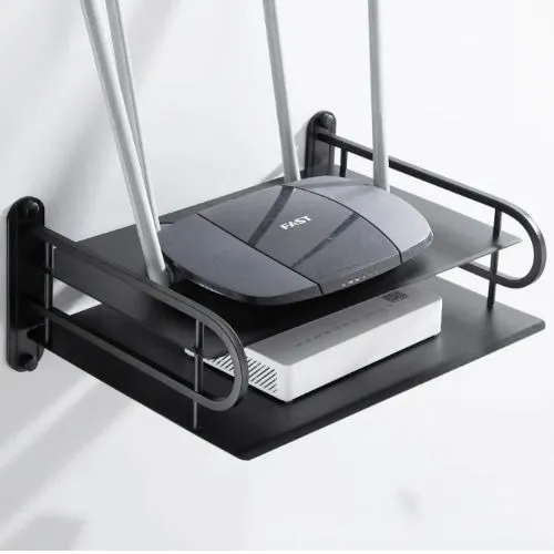 2-Layer Wall Mount WiFi Router Stand – Metal Shelf for TV Box & Remotes, Black