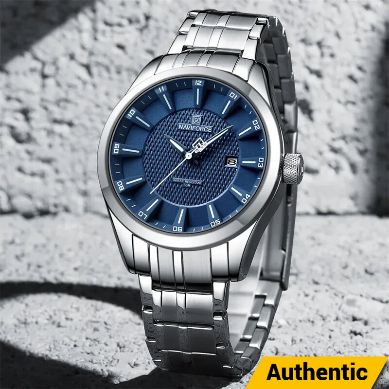 NAVIFORCE 8032 Alloy Quartz watches Stainless Steel strap with 30m waterproof wrist watch For Men Casual -Silver Blue