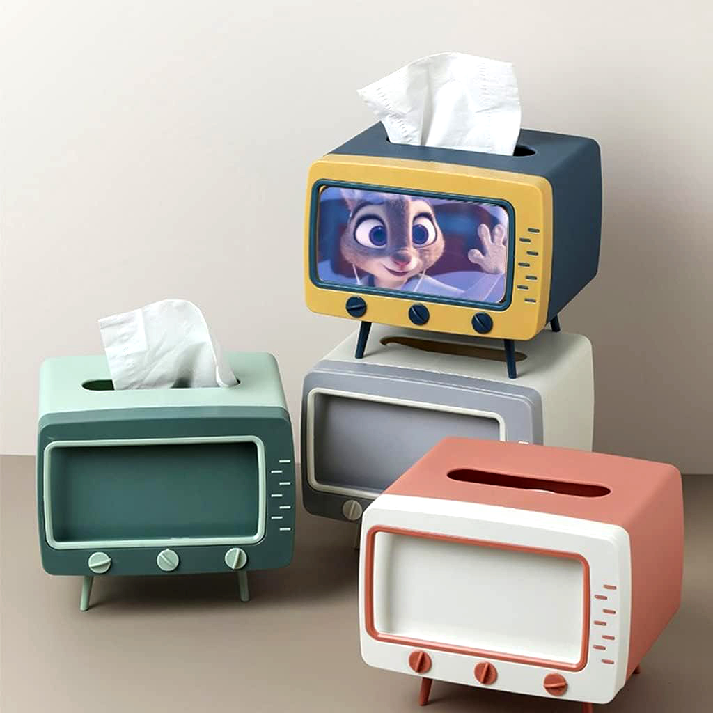 Creative TV Tissue Box Dispenser Storage Napkin Case with Mobile Phone Holder 2 in 1 Tissue Box Office Desk Box Creative TV Appearance with Phone Stand