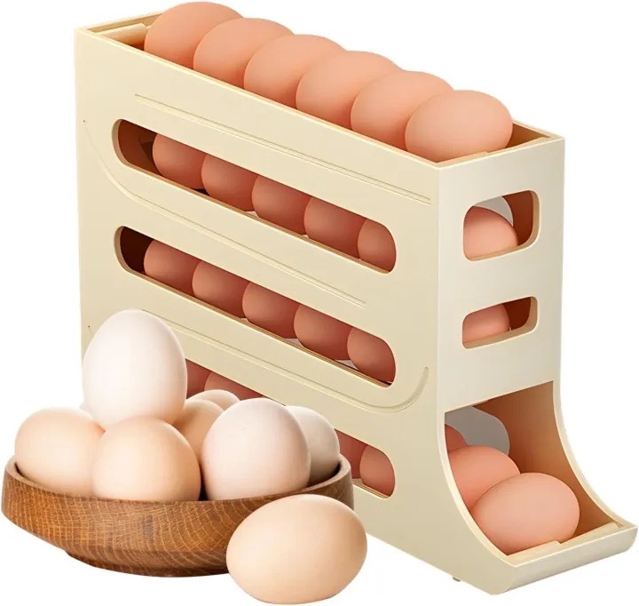 4-Tier Egg Holder for Fridge – Auto-Rolling, Space-Saving Egg Dispenser with Large Capacity (Holds 30 Eggs)