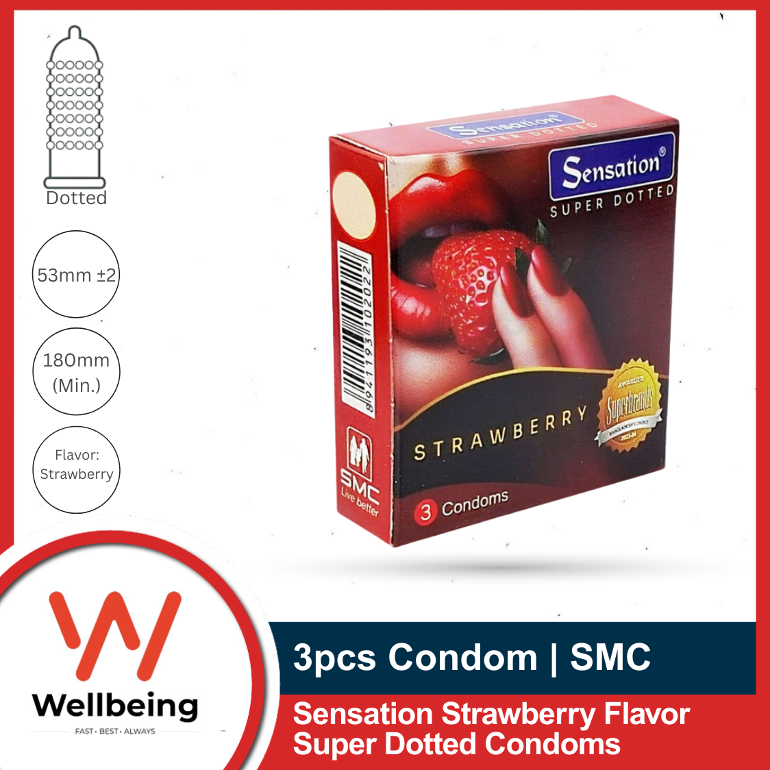 SMC Sensation Strawberry Flavor Super Dotted Condoms for Men | 3pcs Pack
