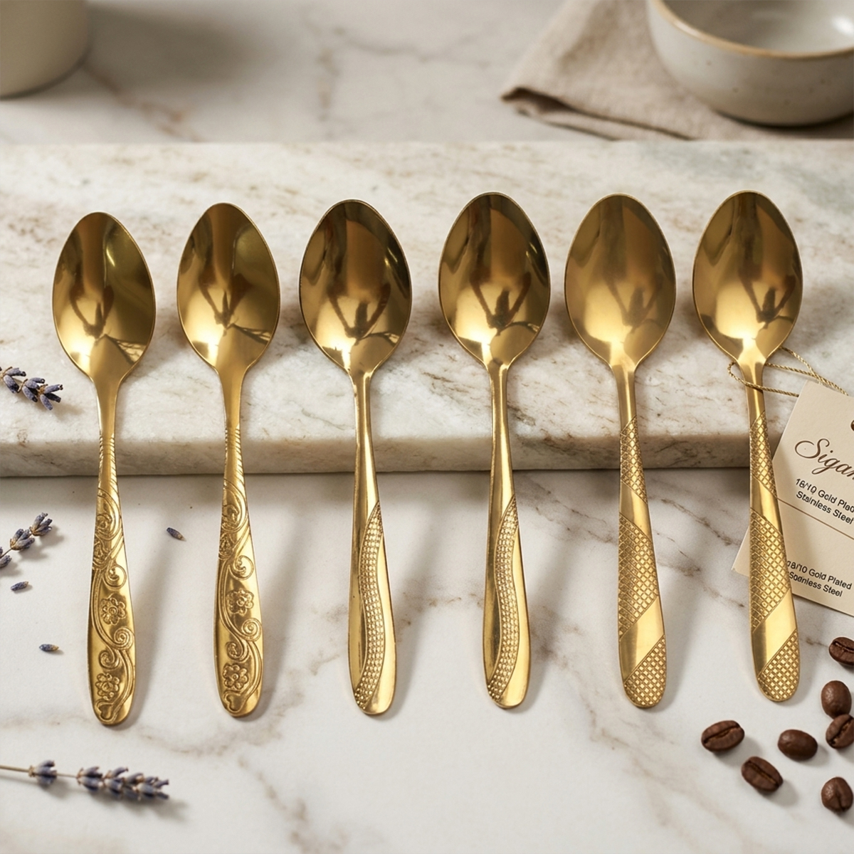 Luxury Gold Color 6 Piece Tablespoon Stainless Steel Spoon Set - Elegant And Durable Cutlery Set Multi Design