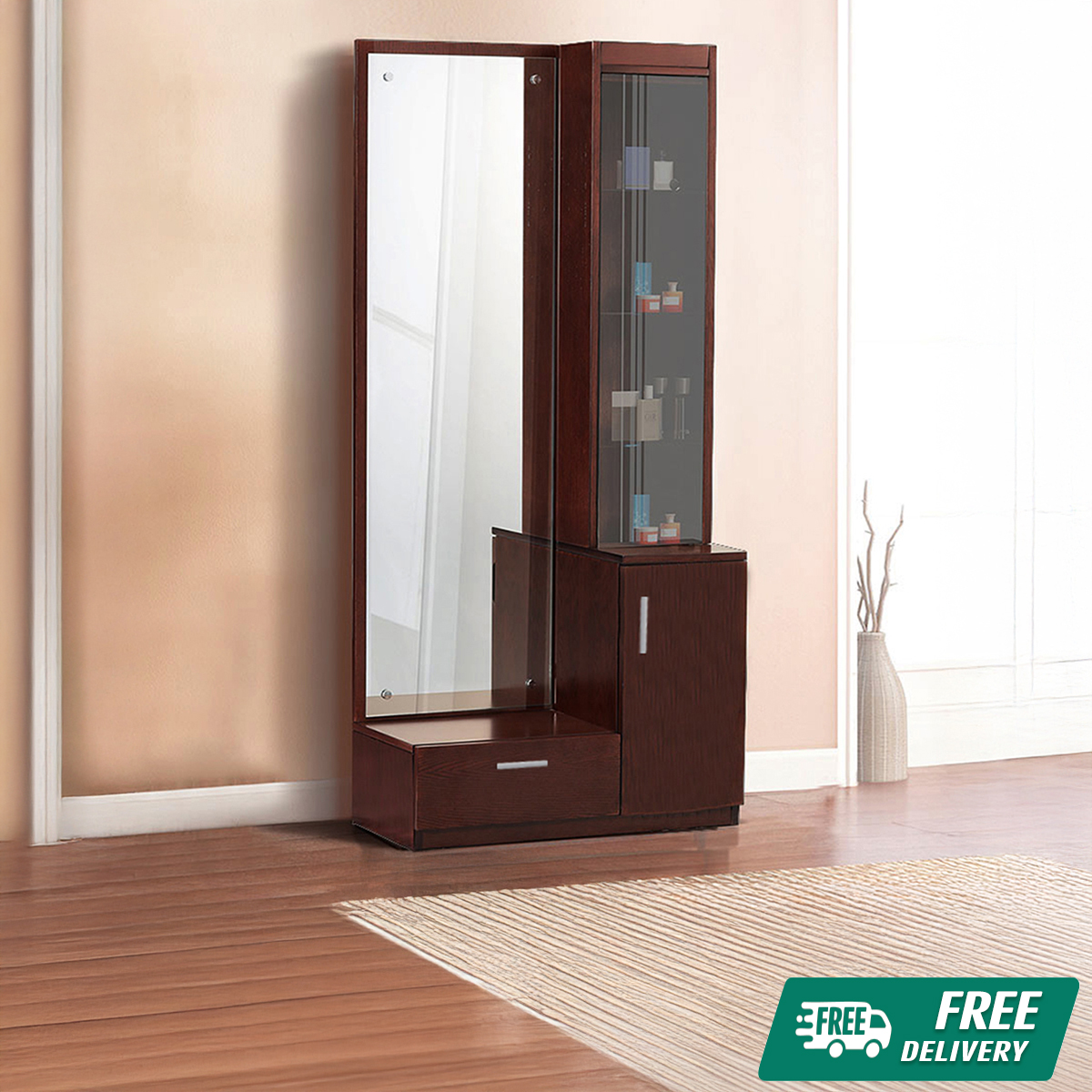 Walnut finish full view mirror Dressing table with side glass compartment  for your cosmetic's and 1 lock drawer with 1storage  cabinet