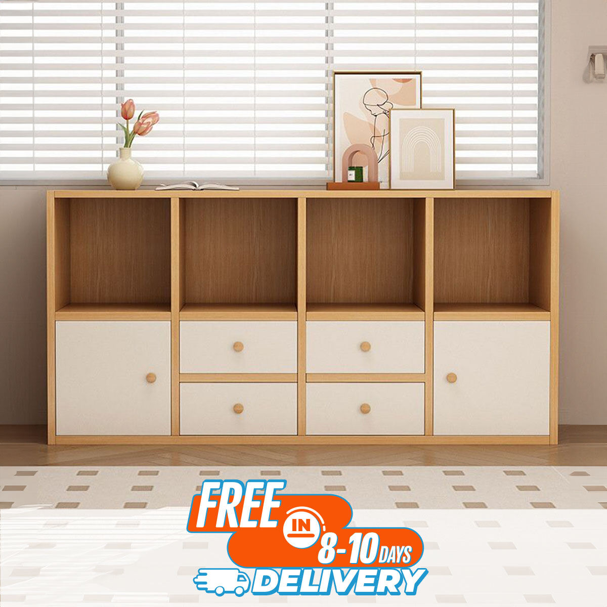 RK Engineered Wood Bookshelf Storage Cabinet Organizer Shelf Multi Storage Space Wooden Rack Display Shelf With Door and Drawers. Size: L48 XH24