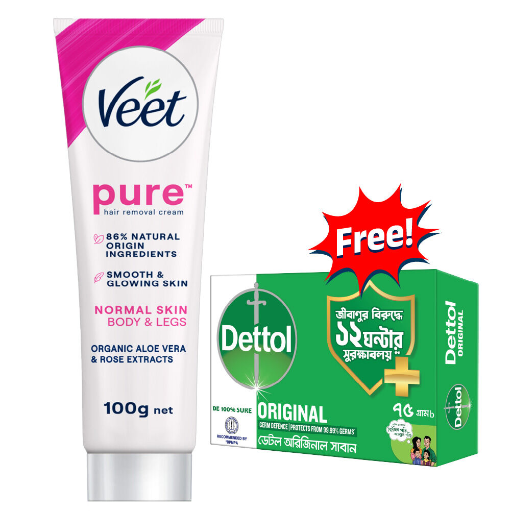 Veet 100gm Normal + FREE Dettol Original Soap 75g, Aloe Vera & Rose Extract Hair Removal Cream