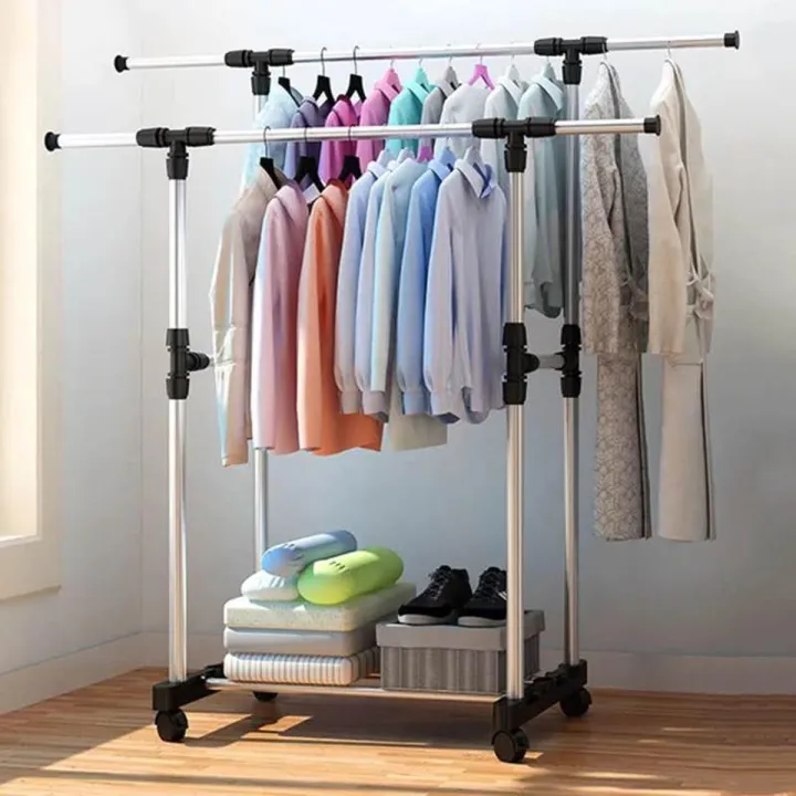 Premium Quality Double pole telescopic folding clothes rack with shelves ,clothes rack, double pole cloth rack, modern cloth rack,stainless steel cloth rack,cloth stand,Double Pole Telescopic Clothes Rail Mixer Mog