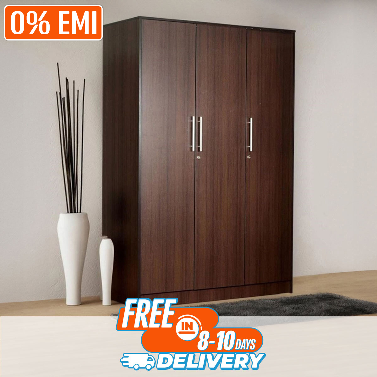 Indulge Durablity -RK Furniture 3 Door Almirah 6 Feet × 4 Feet | Premium MDF Laminated Wardrobe | Modern Bedroom Storage Cabinet - Vintage Choice - Expression of Yourself