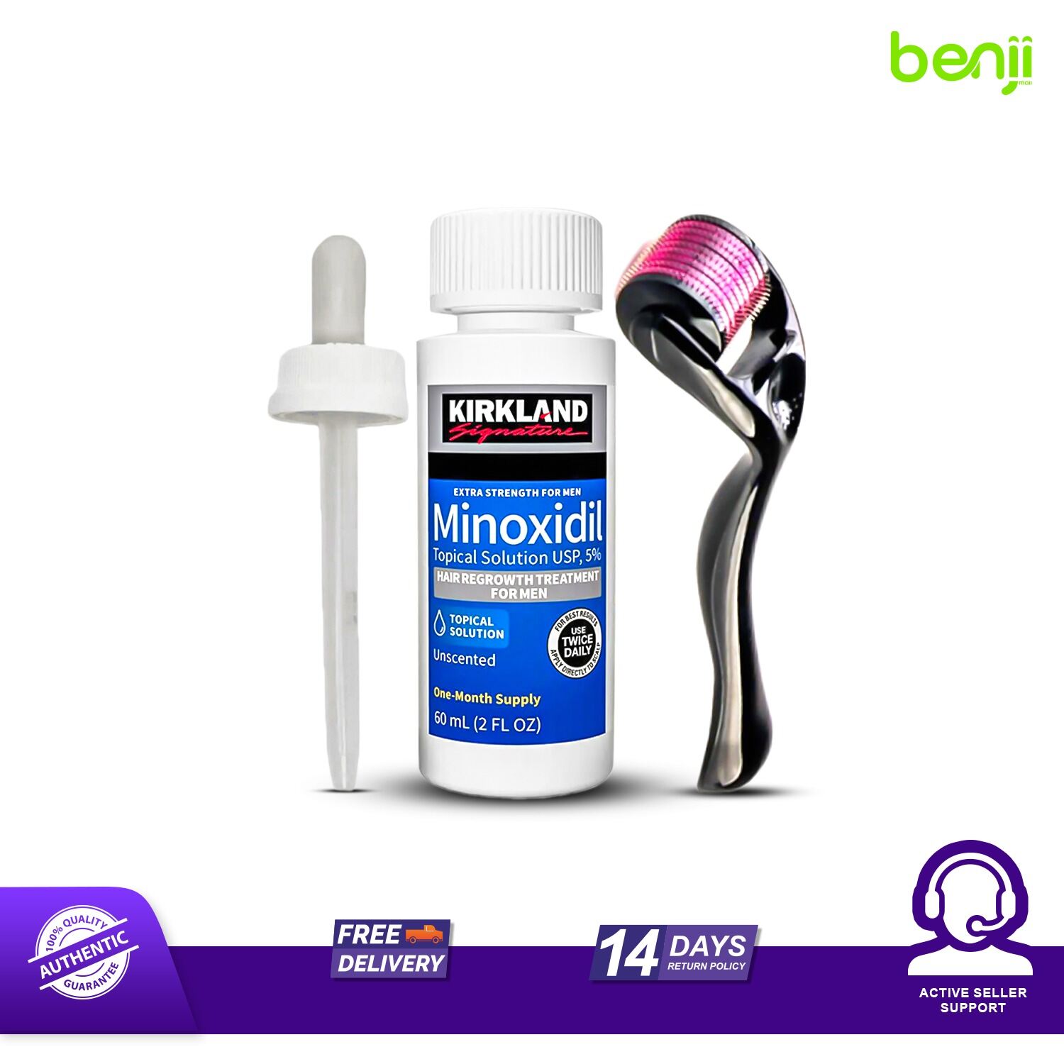 Kirkland Signature Topical Minoxidil 5% Extra Strength for Men Hair Regrowth Treatment with Derma Roller - 1 Month Supply - MNXMC