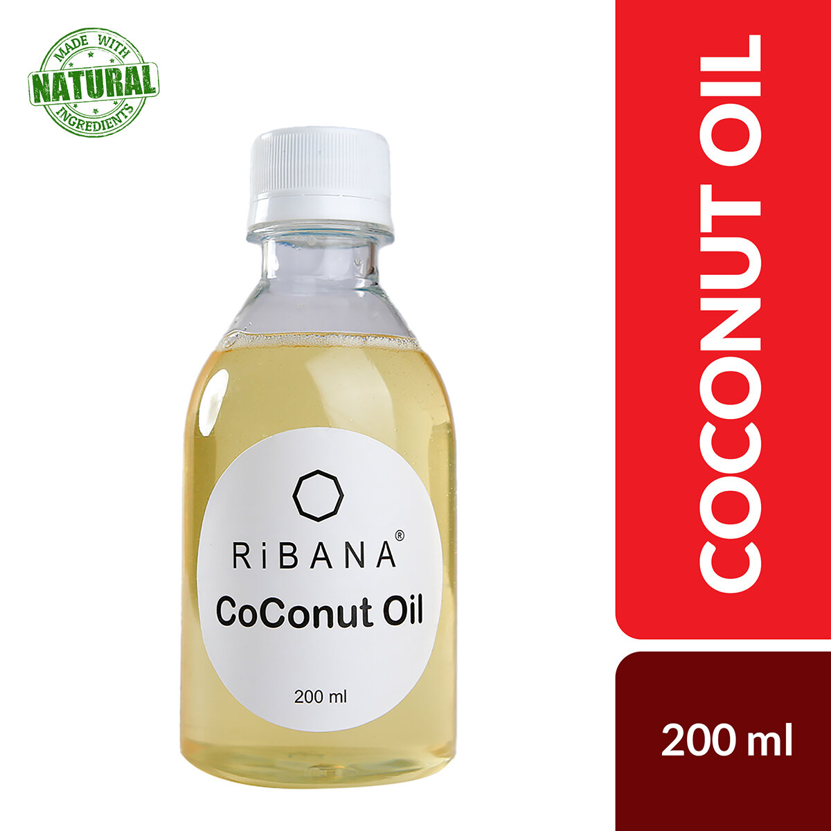 RiBANA Organic Coconut Oil 200ml bottle surrounded by fresh coconuts and tropical flowers, showcasing a luxurious hair care routine