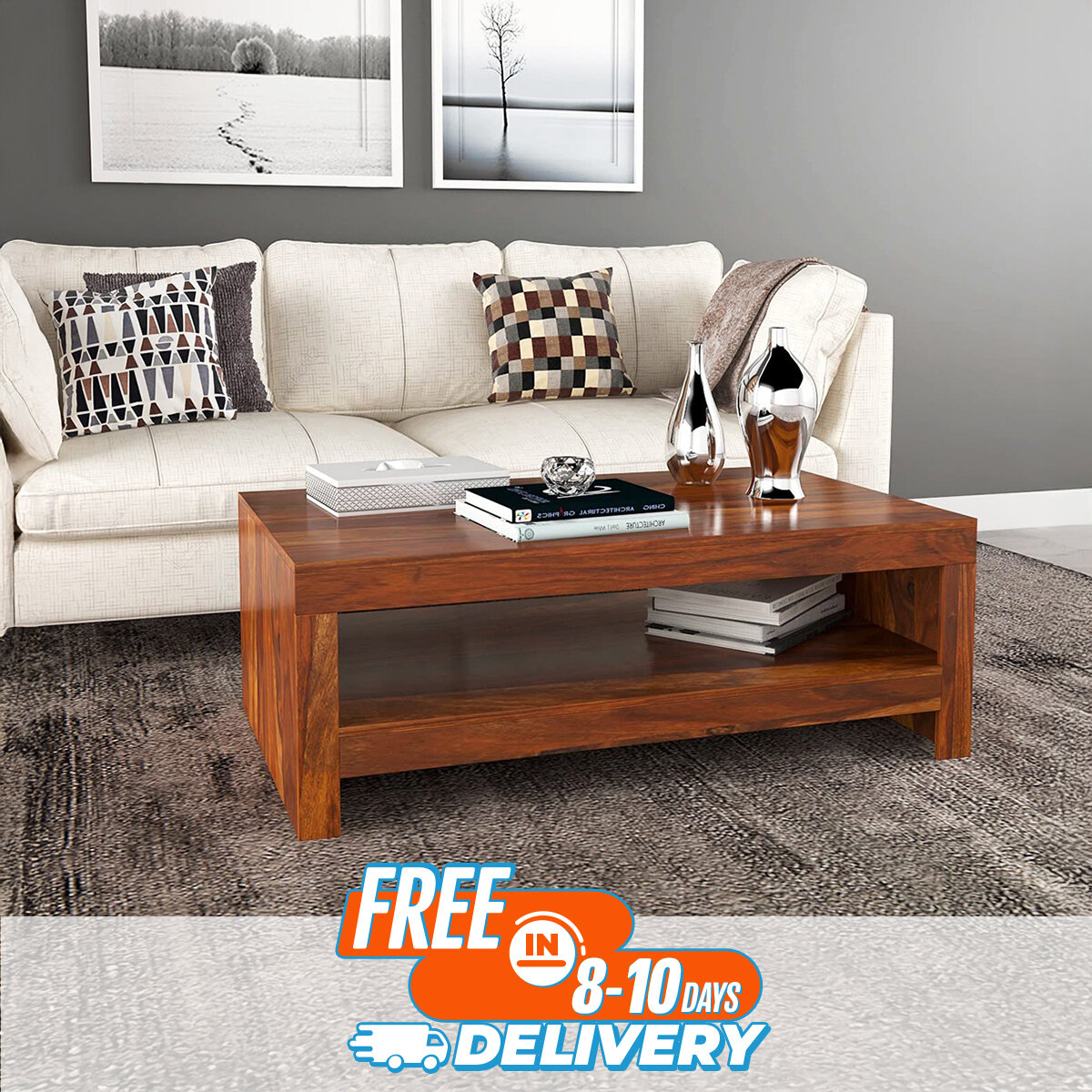 Center Table with Shelf Stoareg for Home Living Room | Rosewood Tea Table | Sofa Teapoy Table for Home Design by Nahid Furniture 16x36x16"
